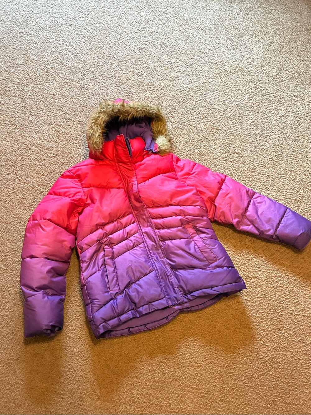 Arizona Jean Company Girls Pink to Purple Ombre Puffer Jacket with Faux Fur Hood